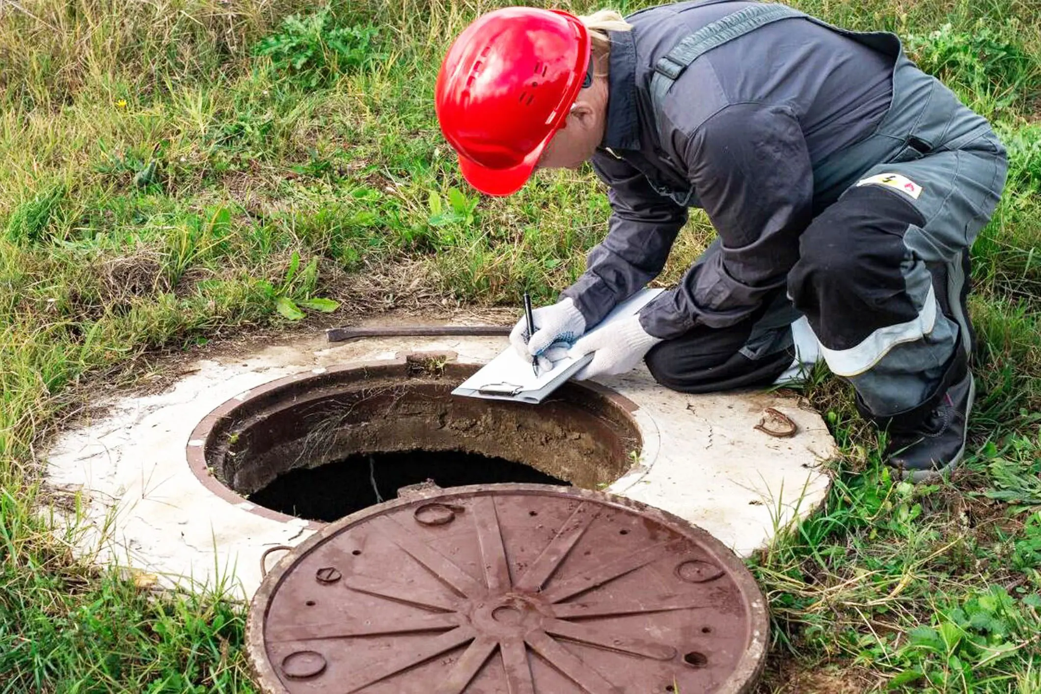 Worker inspecting open manhole with clipboard.