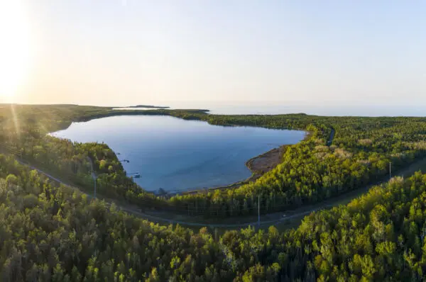 Aerial panorama of the quiet forested bay