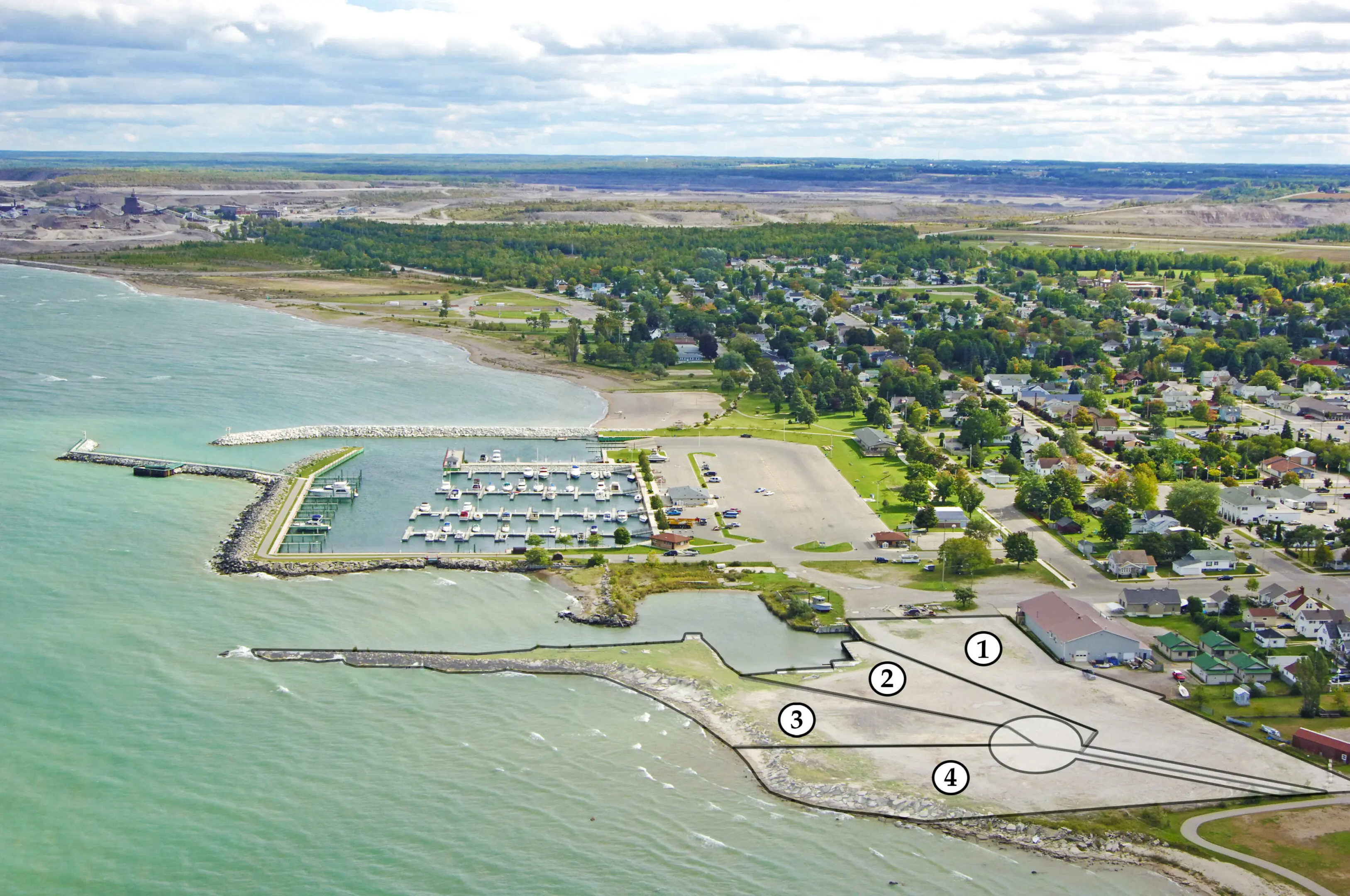 Harbor with marina and shoreline plan overlays